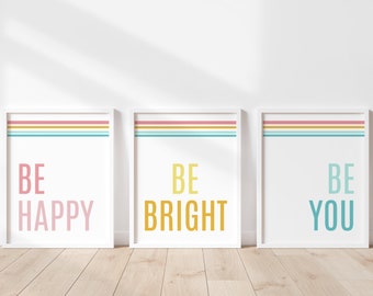 Be Happy Be Bright Be You | Trio Digital Printables | Colorful Triptych Art Cards