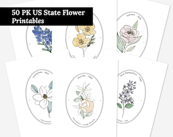 50 Pk US State Flower Printables Cameo Bundle | USA Watercolor Floral Art Digital Wall Decor