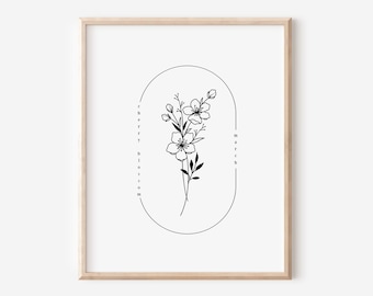 March Birth Flower Cherry Blossom | Oval Frame Simple Art Printable | Garden Inspired Birthday Gift