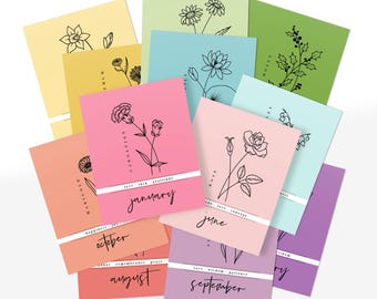 Pick Your Pack Month Birth Flower Flat Note Cards + Envelopes | Blank Greeting Postcards | Floral Birthday Gift
