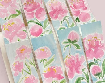 8 Hand Painted Peony Bookmarks | Pink Floral Watercolor Party Favor Book Club Gift