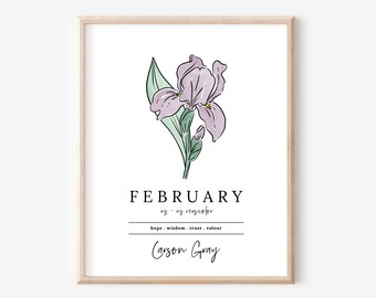 February Iris Birth Flower Personalized Name Unframed Art Print & Sticker | Custom Gift for Birthdays + Birth Flower Vinyl Sticker Add On