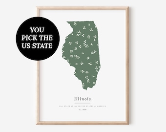 YOU Pick 1 US States USA Map Patterned State Print | Ditsy Floral in Dark Green