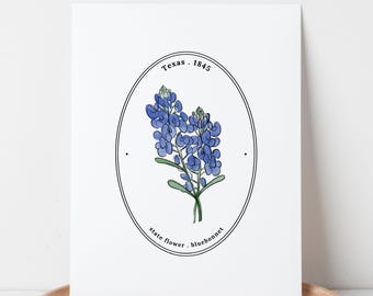 Texas US State Flower Cameo Style | Bluebonnet Watercolor Floral Art  Printable | Teacher Gift