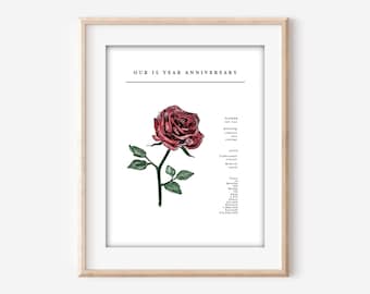 15 Year Anniversary Red Rose Flower Art Printable