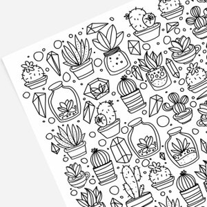 Succulents and Cactus Printable Hand-Drawn Coloring Page Plants Succulents Summer Cactus Themed