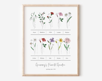 10 Names Personalized Birth Flower Bunch Art Printable | Digital Birth Month Garden Inspired Gift for Grandma