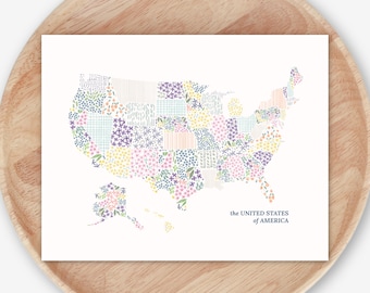 USA Map Print Floral Decor | Pastel Watercolor Americana Travel Poster