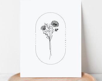 September Birth Flower Aster | Simple Art Printable | Digital Cottagecore Floral Wall Decor