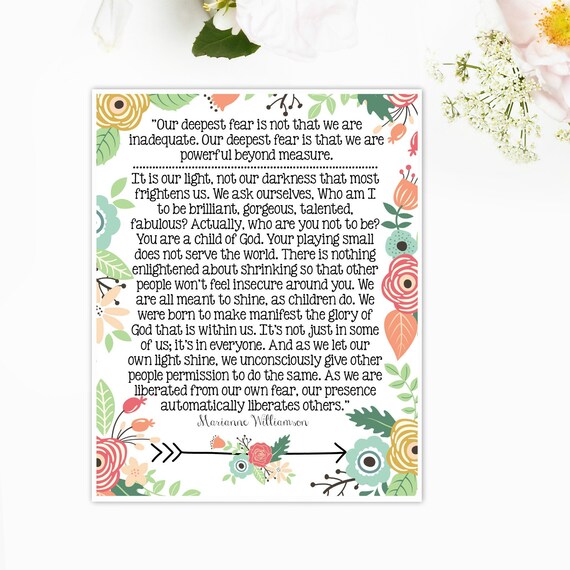 our deepest fear full poem marianne williamson bright etsy