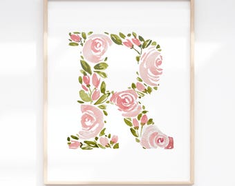 Letter R Blush Pink Painted Rose Printable | Floral Monogram Initial Wall Decor
