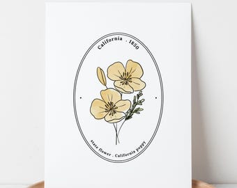 California US State Flower Art Printable | California Poppy Watercolor Floral Wall Decor | Teacher Gift