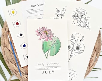 4 Pc Birth Flower Watercolor Paint Kit | Floral Sketches, Brush & Palette | 27 Options