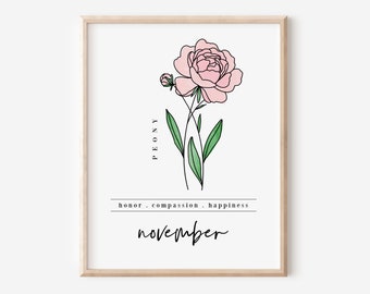 November Peony Birth Flower Digital Art Printable Floral | Garden Inspired Gift for Nov Birthdays | Floral Inspired Gift for Mother's Day
