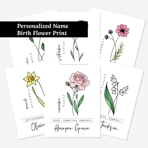You Choose Personalized Name Birth Flower Unframed Art Print | Custom Gift for Birthdays | Nursery Wall Decor | Garden Inspired Gift