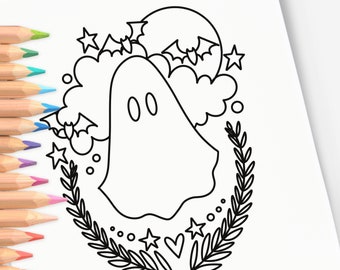 Cute Ghost Halloween Magical Hand-Drawn Coloring Page Print & Color | Digital Printable