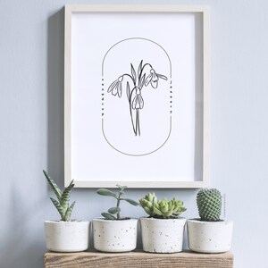 May include: A framed print featuring a minimalist line drawing of snowdrop flowers, with the words "snowdrop" and "january" in a vertical arrangement. Below the frame, four small potted succulents sit on a wooden shelf.
