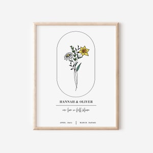 2 Birth Flower Couples Bouquet Art Print | Wedding Gift Birth Flower Tattoo