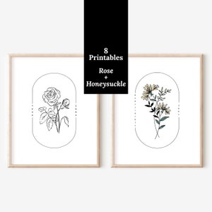 8 Pk June Birth Flower 4 Rose & 4 Honeysuckle | Oval Frame Simple Line Art Watercolor Floral Wall Decor Printable
