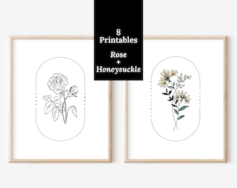 8 Pk June Birth Flower 4 Rose & 4 Honeysuckle | Oval Frame Simple Line Art Watercolor Floral Wall Decor Printable