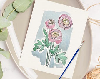 Ranunculus Watercolor Paint Kit | Pre-Sketched All In One Art Set Gift, Family Paint Party, Date Night