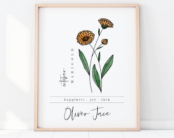 October Birth Flower Marigold Printable | Personalized Floral Digital Printable | Custom Birthday Gift