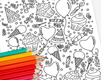 Party Balloons Cupcakes Printable Coloring Page | Hand-Drawn Coloring Sheet Birthday Game