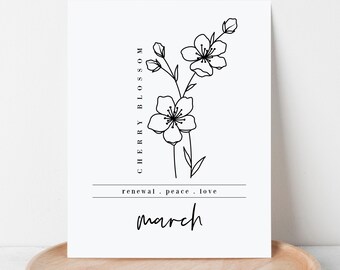 March Birth Flower Cherry Blossom | Black & White Floral Art Printable | Nature Inspired Wall Decor