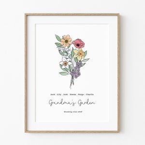 Familie Geburt Blumenstrauß Printable | Bis zu 6 Blumen & Namen | Personalisierte Geburt Blumen Garten inspiriert Geschenk