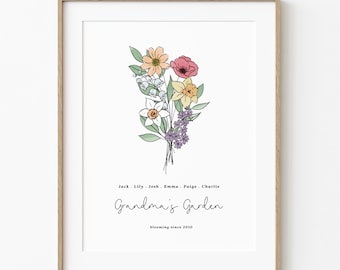 Family Birth Flower Bouquet Printable | Up to 6 Flowers & Names | Personalized Birth Flower Garden Inspired Gift
