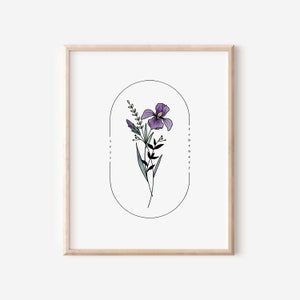 May include: A printable art print featuring a purple iris flower with green leaves and stems, inside a black oval frame. The text "February" and "Iris" are written vertically on either side of the oval.
