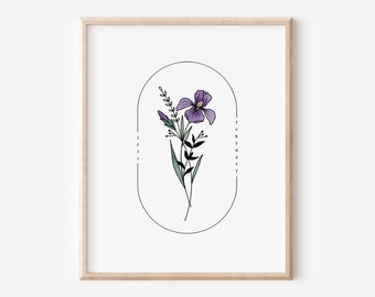 February Birth Flower Iris | Watercolor Floral Printable | Nursery Art Birthday Gift Remembrance Keepsake