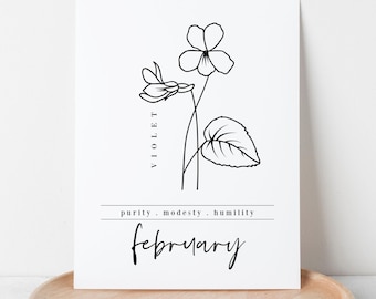 February Birth Flower Violet | Black & White Art Printable | Birthday Anniversary Gift