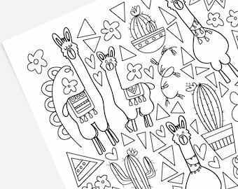 Cute Llamas & Cactus | Hand-Drawn Coloring Page Printable | Summer Party Coloring Sheet