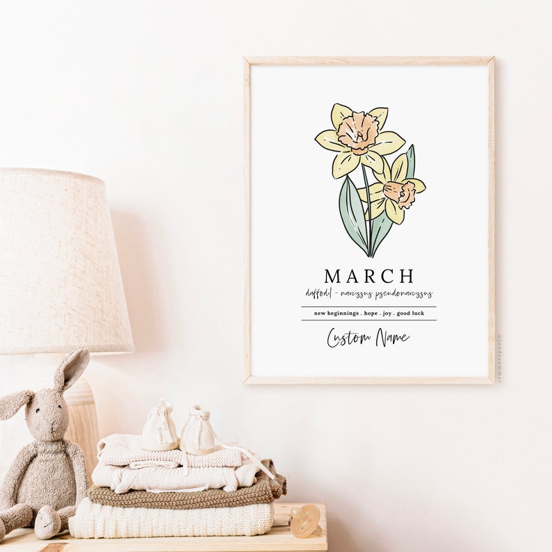 March Yellow Daffodil Birth Flower Personalized Name Unframed Art Print Custom Gift for Birthdays Birth Flower Vinyl Sticker Add On image 3