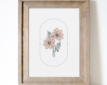 8 Pk October Birth Flower 4 Cosmos & 4 Marigold | Oval Frame Simple Line Art Watercolor Floral Wall Decor Printable