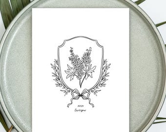 Birth Flower Print | Unframed Custom Gift for Birthdays | 6 Sizes Sketched Crest & Bow Floral Illustration