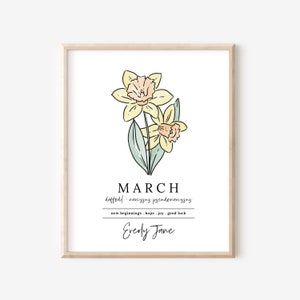 March Yellow Daffodil Birth Flower Personalized Name Unframed Art Print Custom Gift for Birthdays Birth Flower Vinyl Sticker Add On image 1