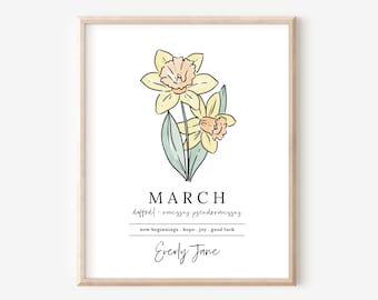 March Yellow Daffodil Birth Flower Personalized Name Unframed Art Print | Custom Gift for Birthdays + Birth Flower Vinyl Sticker Add On