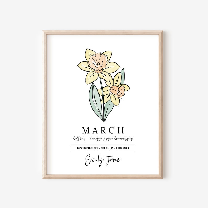 March Yellow Daffodil Birth Flower Personalized Name Unframed Art Print Custom Gift for Birthdays Birth Flower Vinyl Sticker Add On image 1