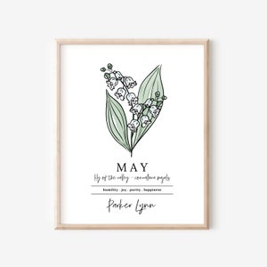 May Lily of the Valley Birth Flower Personalized Name Unframed Art Print | Custom Gift Birthdays | Nursery Wall Decor | Floral Wall Decor