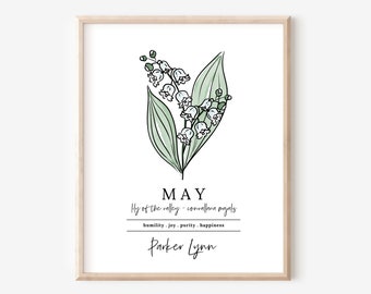 May Lily of the Valley Birth Flower Personalized Name Unframed Art Print | Custom Gift Birthdays | Nursery Wall Decor | Floral Wall Decor