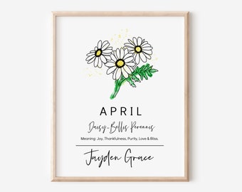 April Birth Flower Daisy | Personalized Digital Printable | Watercolor Birthday Art Gift | Nursery Wall Decor