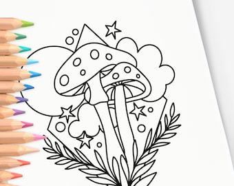 Mushroom Magic Moon Night | Hand-Drawn Coloring Page Print & Color | Digital Printable