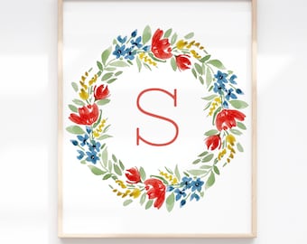 Floral Monogram Wreath Art Print | Custom Number or Initials | Scarlett's Garden