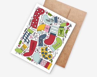 6 PK Christmas Stocking Cards + Envelopes | Illustrated Tree | Blank Inside 4.25X5.5"
