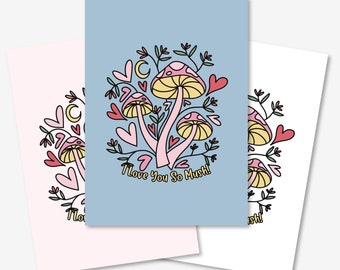 I Love You So Mush | 3 Cute Mushroom & Hearts Valentines Day Wedding Anniversary Greeting Card Digital Printable