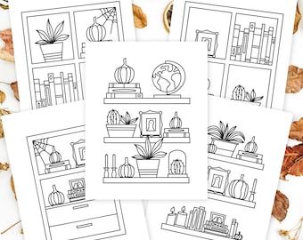 5 Pk Cozy Ghost Halloween Printable Coloring Pages | Hand-Drawn Ghost Pumpkin Bookshelf Doodles