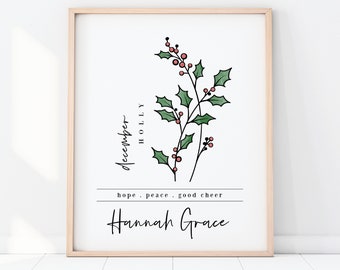 Custom Name December Birth Flower Holly | Personalized Digital Printable | Garden Inspired Birthday Gift for Mom