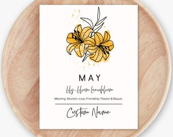Custom Name May Birth Flower Lily Art Printable | Personalized Digital Wall Decor | Birthday Gift Nursery Room